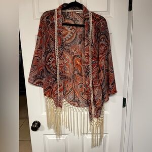 Navy and orange cardigan with crochet detail